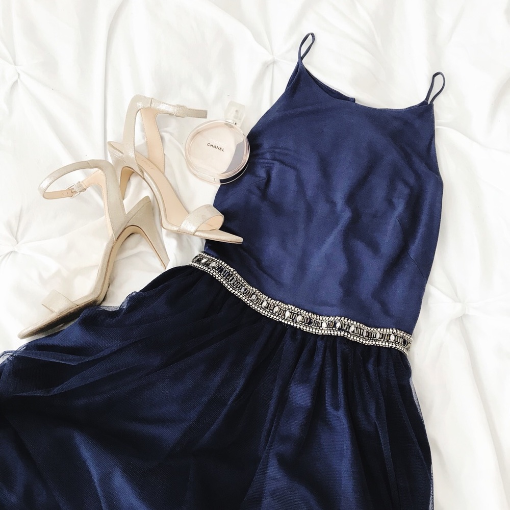 Aidan Mattox Navy Tulle Evening Gown